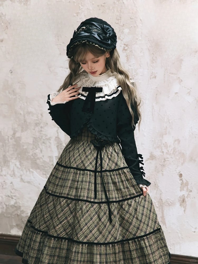 and Coat Ruffled Lolita Polka-dot Black Detail Lace Neckline Bow with White
