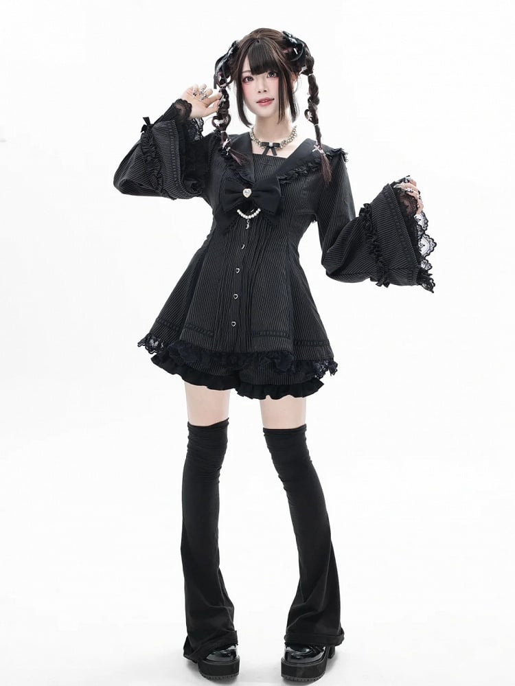 Coord Striped Jirai Shorts Lace Threading Top with Collar Kei Black Bell Gothic + Matching Set: Sailor Sleeves