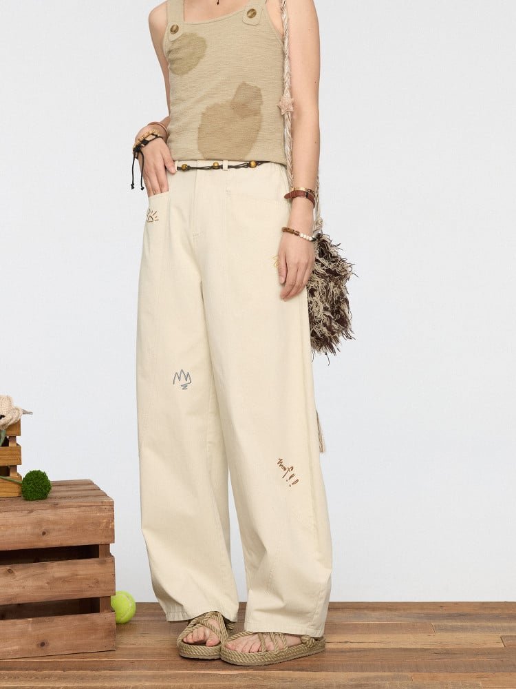 Wide-leg Beige for Pants Cute Autumn Winter Cut - Vintage Embroidery