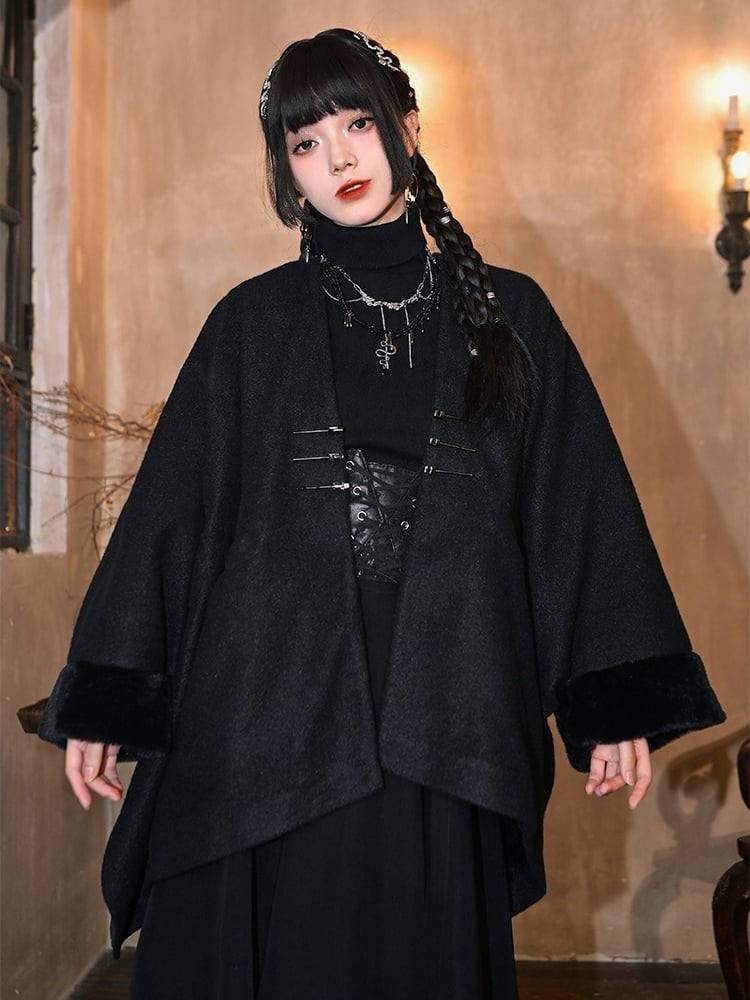 Frog - Cape Black Style Chinese V-Neck Button Closure