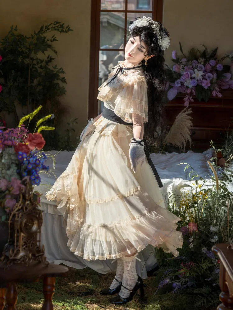 Beige Klassische Taille Schwarz Elegante Kleid Ausschnitt Lolita Illusion Edward Gürtel mit