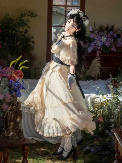 Beige Klassische Taille Schwarz Elegante Kleid Ausschnitt Lolita Illusion Edward Gürtel mit