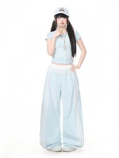 Blue Striped Wide Leg Trousers with Layered Tulle Skirt - Languid Park