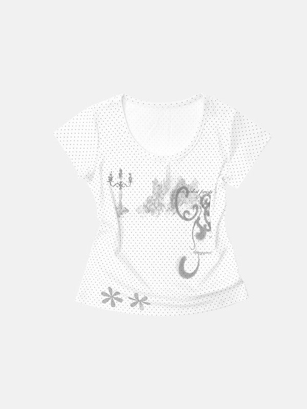 Candelabra Print White Polka Dot Round Neck Tee - innomoood