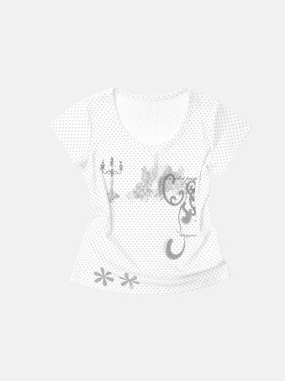 Candelabra Print White Polka Dot Round Neck Tee - innomoood