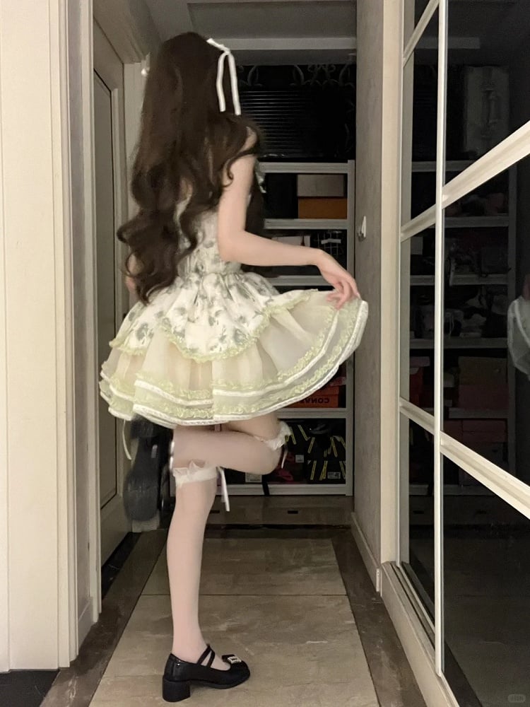 Layered Skirt Lace Green Trimmings Princess with Ruffles Floral-Print and Lolita Jumper