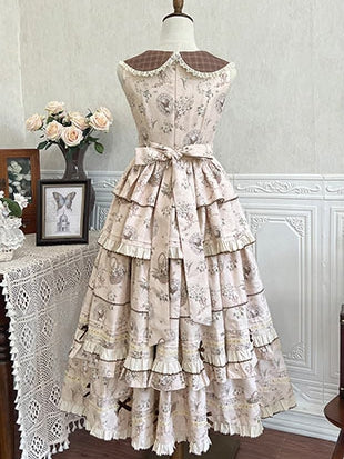 Beige & Brown Floral Print Tiered Ruffles Elegant Classic Lolita Dress with Plaid-Patterned Collar