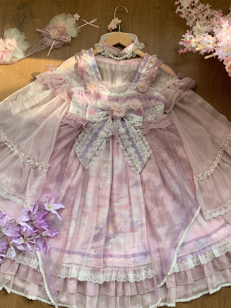 Han Bow Lolita Stück Langes Rosa-Lila Halbtransparente Printärmel Großes Kleid Whale Wide One