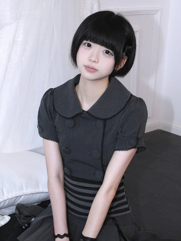 Gray Peter Pan Collar Double Breasted Cropped Top - HBreaker