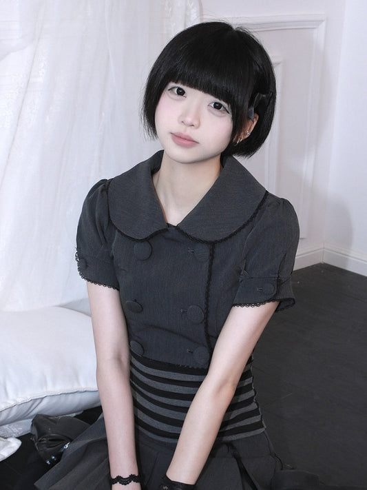 Gray Peter Pan Collar Double Breasted Cropped Top - HBreaker