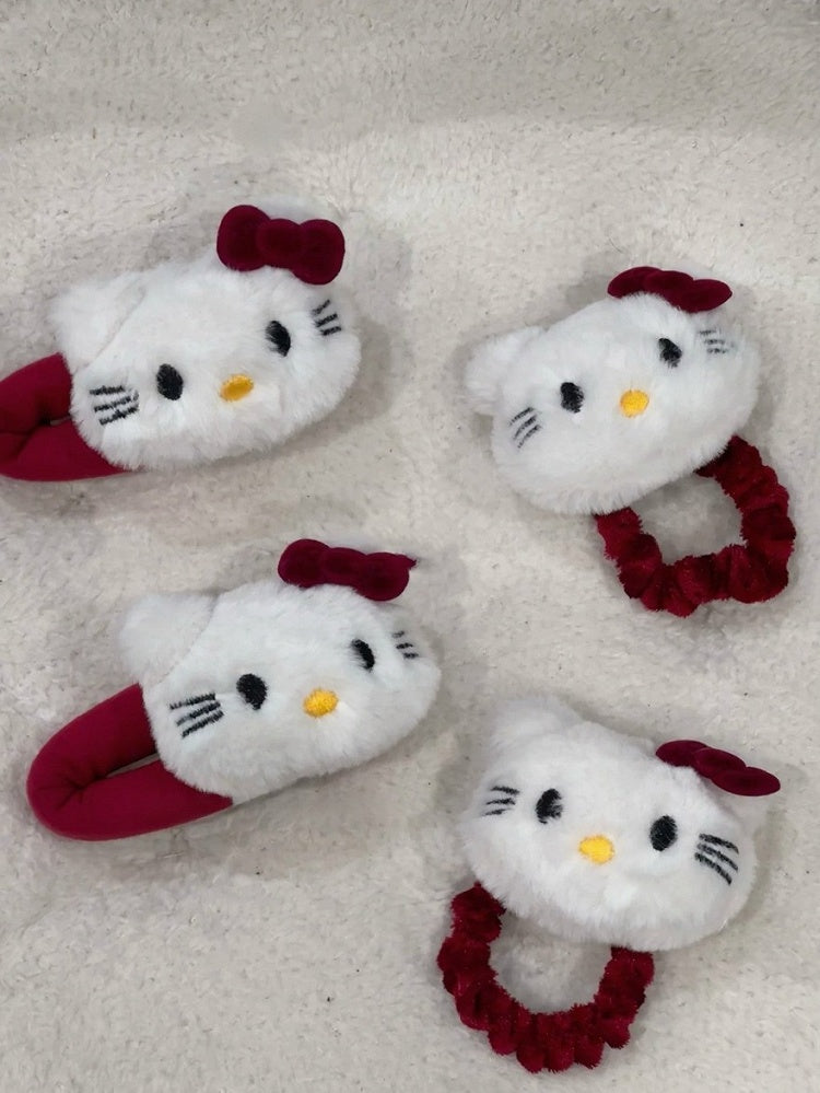 Red Kawaii Cat Hair Tie and Hairclip Set - IVONA boutique