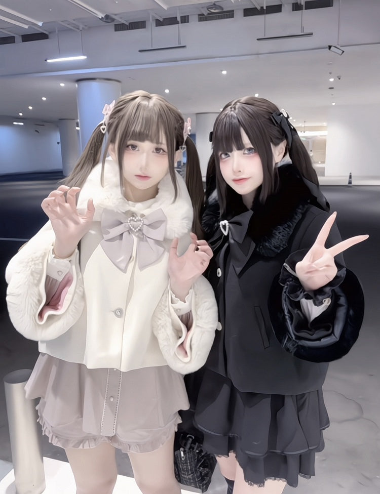 Buttons Rhinestone in Jirai Short with Coat Kei Accents Beige/Black Convertible Plush Fleece-Lined Detachable Heart