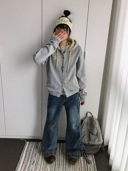 Retro Fall Gray Hooded Zip Jacket with Gecko Motif and Striped Accents - innomoood