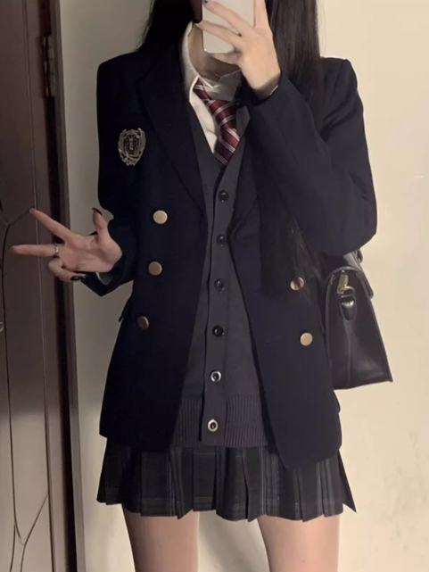 Pattern Dark JK Skirt Pleated Uniform 39CM Plaid Gray