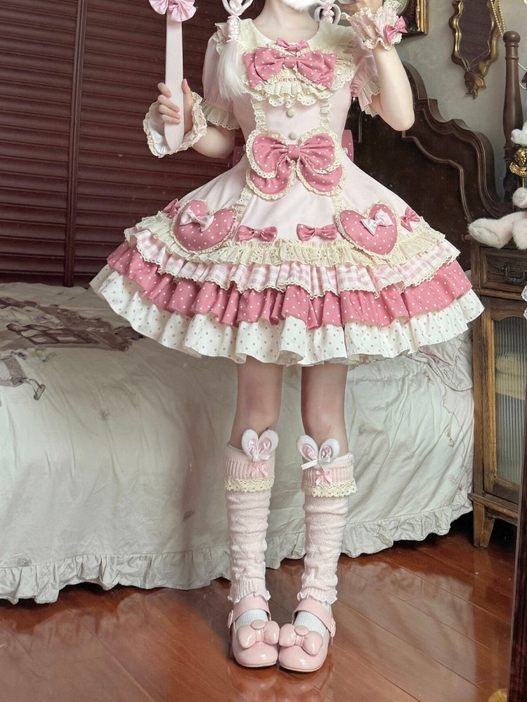 Pink Puff-Sleeved Tiered OP Sweet Lolita Dress Adorned with Bowknots & Heart Details - Sweet Crystal