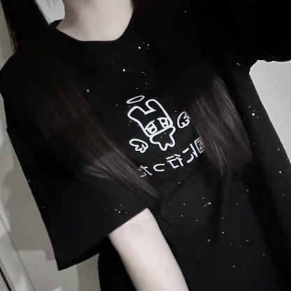 Angel Black Decor Cotton Sequins T-shirt Wing with Print