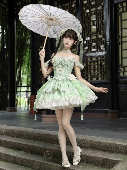Short Skirt Green Frog Buttons Jasmine-Embellished + Lolita Version with Print Corset Floral Top