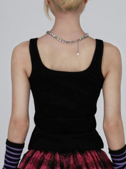 Black Tank with Red Plaid Bow  Rhinestone Crown – Gyaru Style