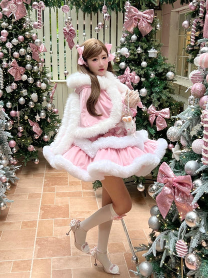 Pink Winter Snowflake Bows Accents Strapless Dress with White Plush Trimming