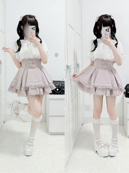 White Lace Butterfly Sleeve Blouse with Hand-tied Bow - shirohato