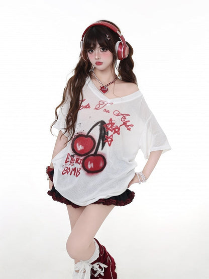 Tシャツ ホワイト セミシアー Vネック チェリープリント 日焼け防止 ビタースウィート