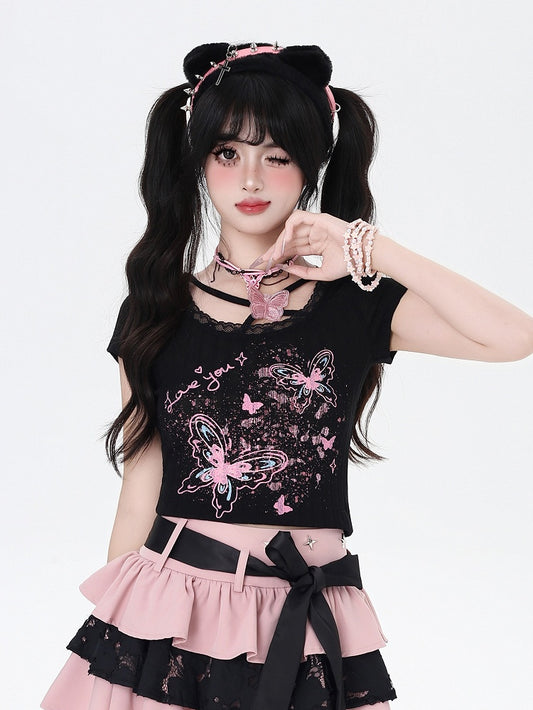 Butterfly Print Cropped T-Shirt Black/Apricot