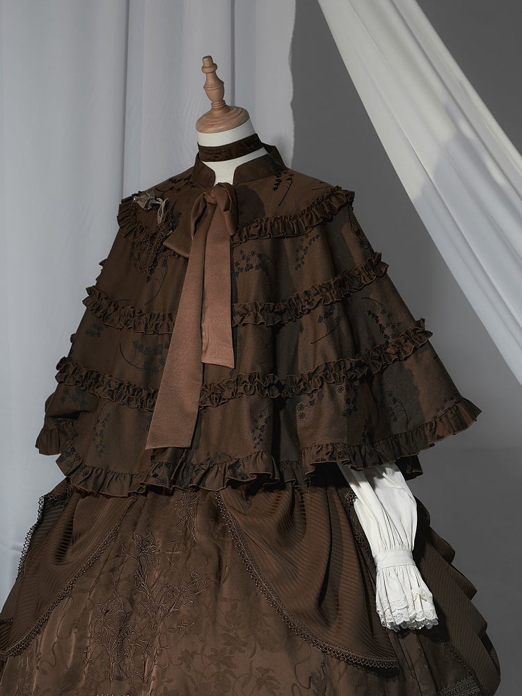 Brauner Lolita-Umhang mit gerafftem Kragen und Bändern
