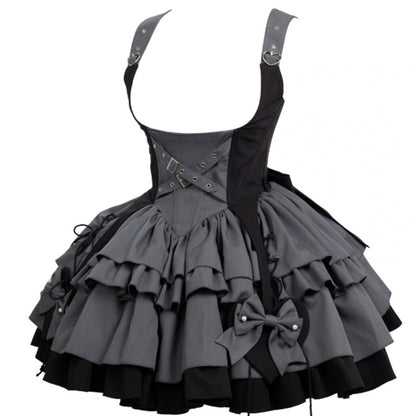 Gray and Black Under Bust Techwear Buckle Strap Lolita Dress
