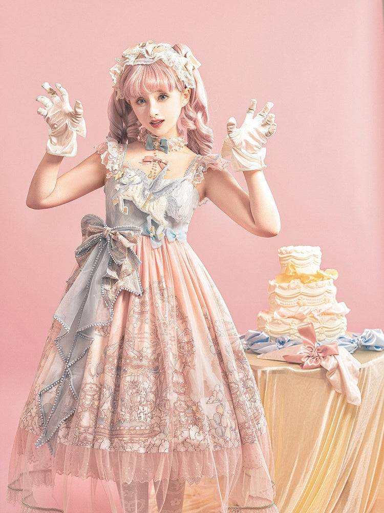 Amusement Park Themed Sleeveless Lolita Frock in Sweet Pink & Blue with Lace Choker - Xiong Dou Jiang