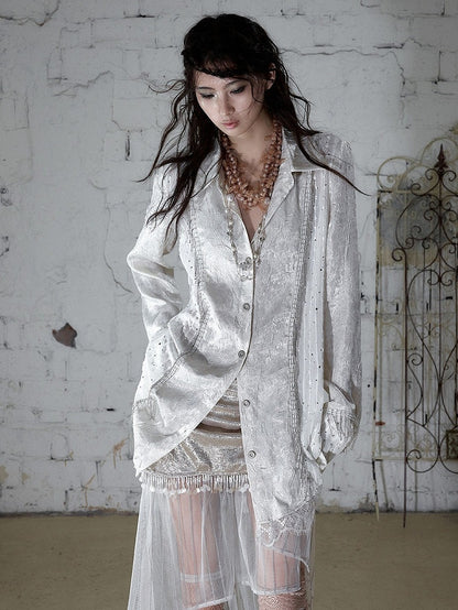 Beige Satin Lace-Trimmed Punk Shirt with Chain Accents