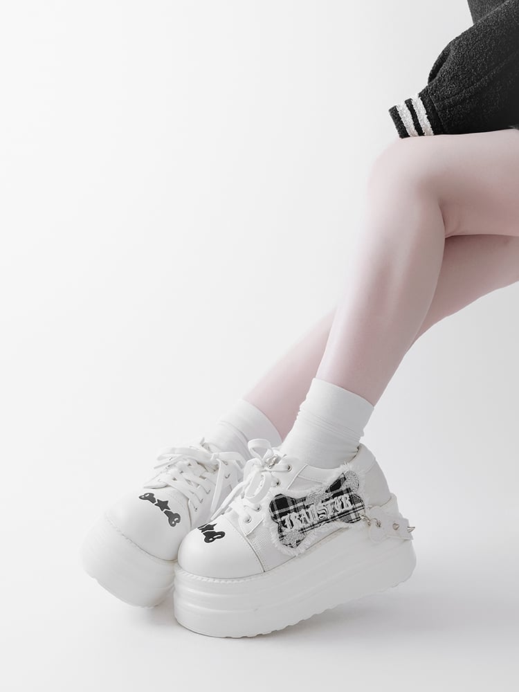 White Punk Bone Applique Silver-tone Studs Platform Shoes
