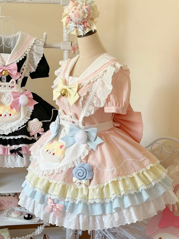 Apron Maid Kitty Pastel Heart Sailor Dress Collar Color with Lolita Sweet