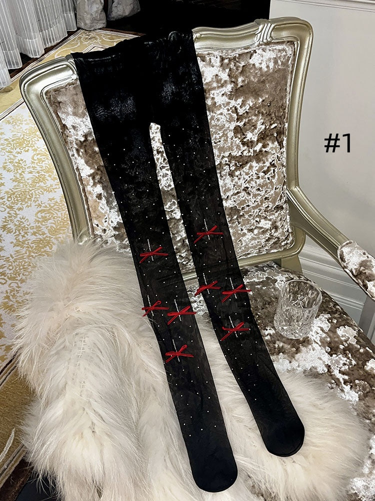 ラインストーンリボンドット柄タイツ