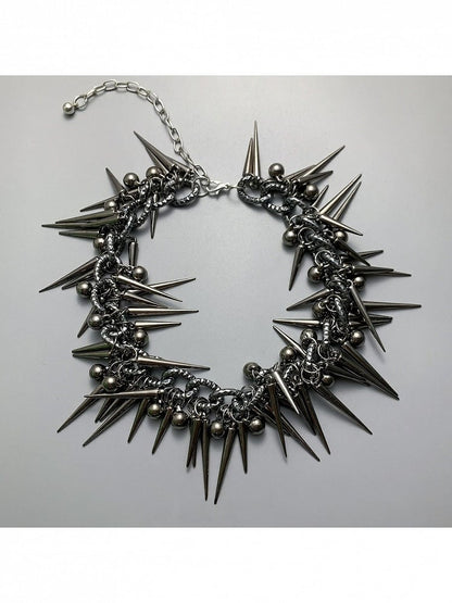 Silver Punk Spiked Chain Necklace with Round Beads - YSHXS