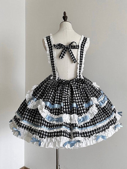 Monochrome Checkered Frilly Bow Lolita Jumperdress