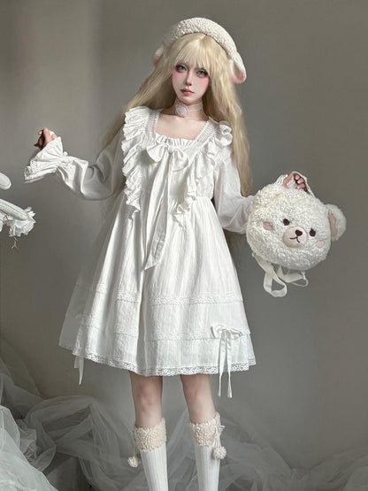 White Princess Lace Trim Bowknot Long Sleeve Lolita Dress - AMAHAKAWA