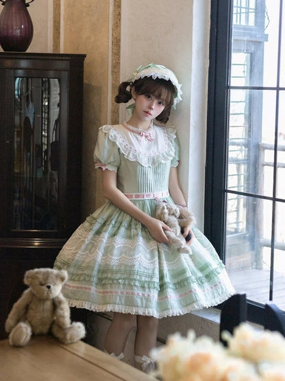 Short Green Puff Sleeve Lace Trim Elegant Lolita Dress - Pumpkin Planet