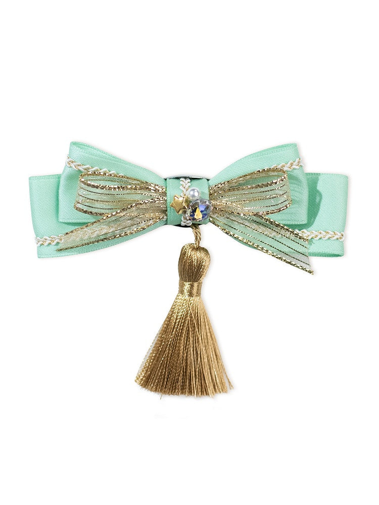 White Yellow Green Dark Blue Bow Lolita Hairclip with Tassel - Crucis Universal Tailor Company