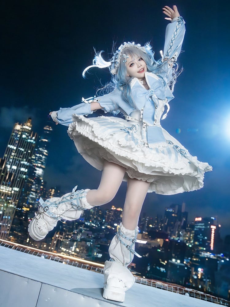 Kitty Light Bow Kaiwai Set Blaues JSK-Kleid Kurz geschnittenes Tenshi Lolita Sailor Striped Big Top Muster Ohren + - Kragen