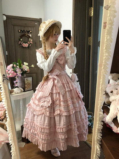 Sweet Multi-Layer Lolita Only JSK Dress Bow + Ruffle Hairband Pink / Detail Belt with