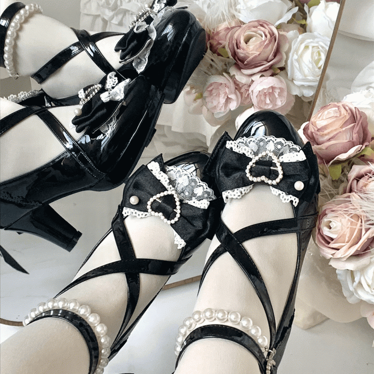 Janes High-heel Black Hime Lace-trimmed Closure Details Mary with Bow Lolita Snap Heart