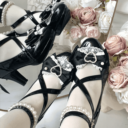 Janes High-heel Black Hime Lace-trimmed Closure Details Mary with Bow Lolita Snap Heart