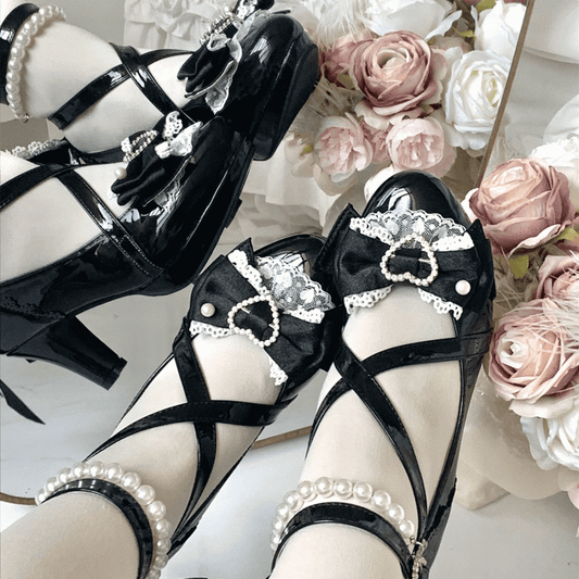 Janes High-heel Black Hime Mary Jane à nœud Lolita avec détails de fermeture et cœur à pression
