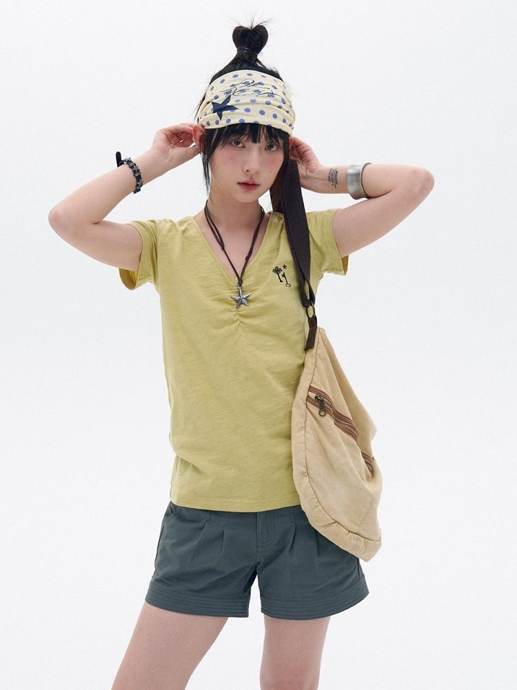 Light Green Cotton V-Neck Tee with Key Embroidery - innomoood