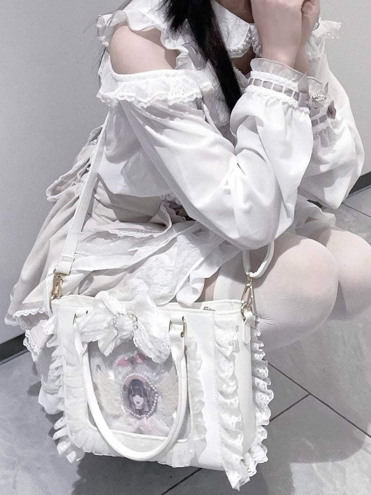 Kei Free Lace Bag Decorated Card Trim Ita with Holder Beaded Bowknot Heart Jirai White PVC