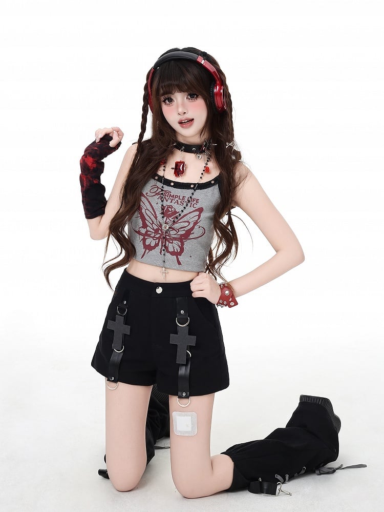 Schwarze Shorts mit verziertem Kreuz und abnehmbaren Beinwärmern