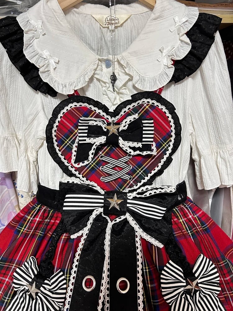 Punk Heart-Bodice Skirt Flutter Bowknots Straps Jumper Lolita with Red Plaid Striped