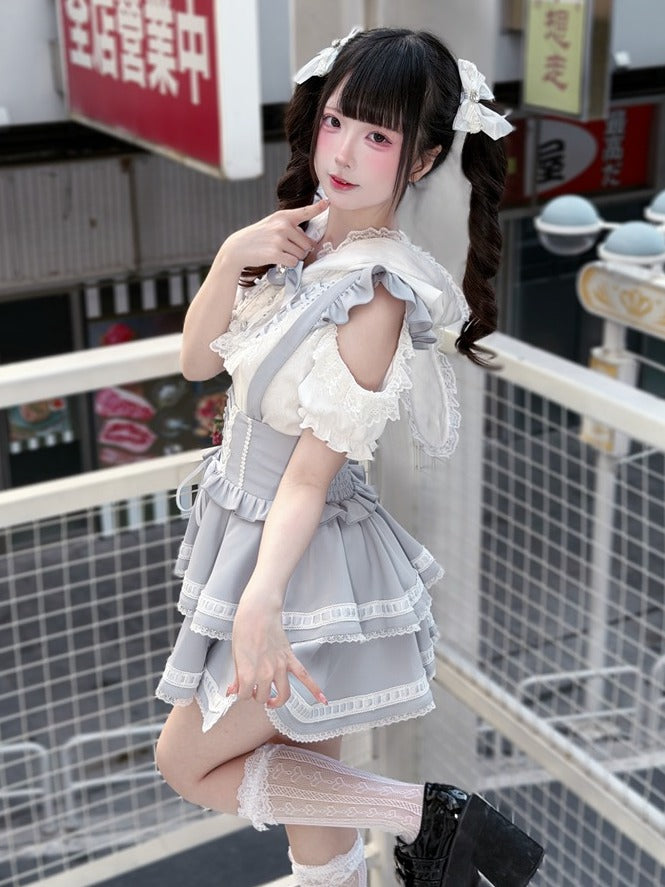 Light Dusty Blue Double-Layer Overall Skirt with Lace Trim - Puppet Bombs