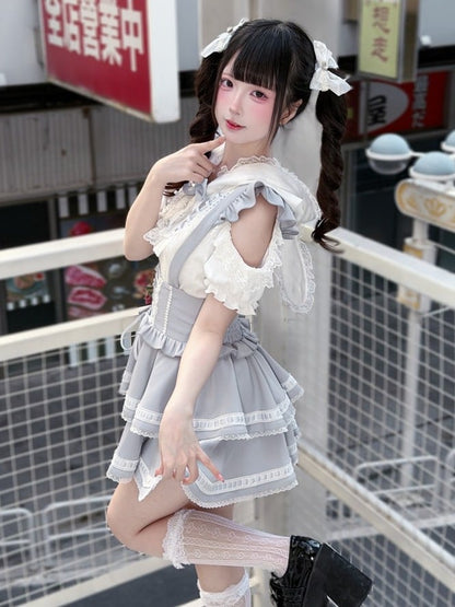 White & Light Blue Cutout Shoulder Bunny Ear Hooded Jacquard Knit Top with Lace and Bow Details - Puppet Bombs