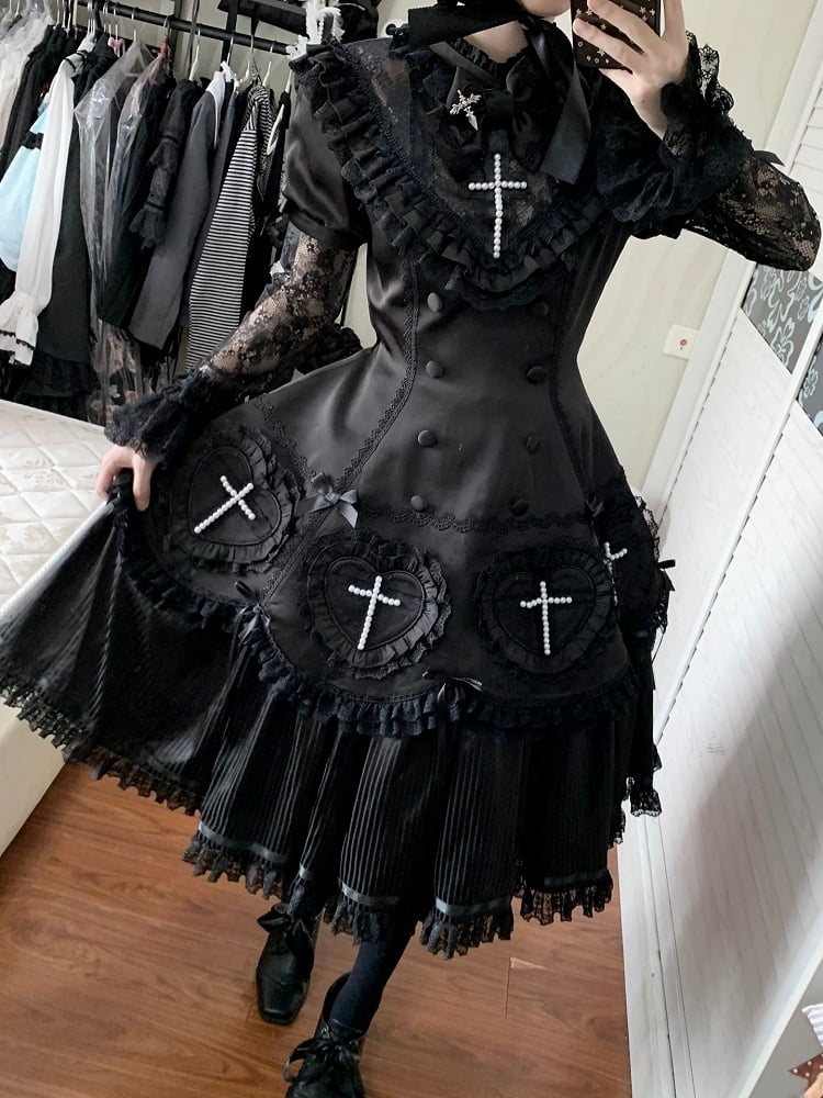 Decoration Ruffle Cross Beaded Lolita Hem Detail with Dress Lace Black and Gothic